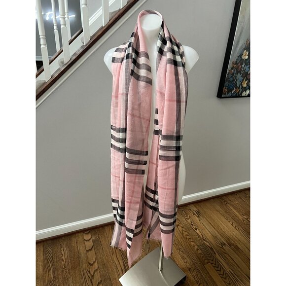 NEW BURBERRY Giant Check Wool Silk Gauze Scarf Ash Rose 220x70cm - Picture 2 of 13